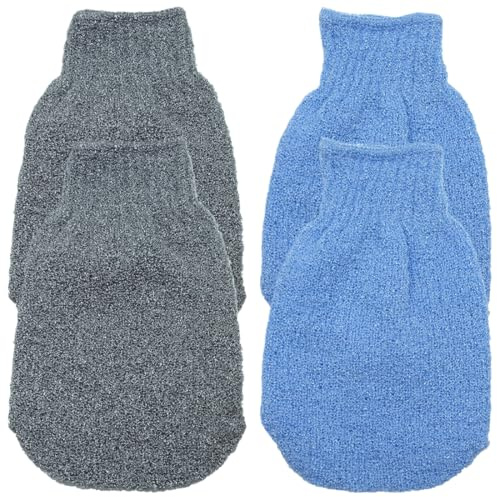 2 Paar Peeling-Handschuhe, Peelinghandschuh für Bad, zur Entfernung von Schmutz, abgestorbener Haut, Bräunung, und Keratosis Pilaris. Exfoliating glove, peeling, body scrub, Blau und Grau