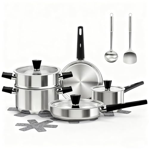 ASKSCICI Stainless Steel Cookware Set, 14-Piece Pots and Pans Set, Kitchen Cookware Set with Stay-Cool Handle, Non-Toxic, Dishwasher Safe & Compatible with All Stovetops (Gas, Electric & Induction)