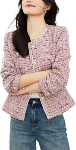 Goolecrimp Giacca da Donna in Tweed Doppiopetto Giacca Casual in Tweed abbottonata Casual Giacca Elegante con Corsetto da Ufficio Senza Risvolto (Rosa,XL)