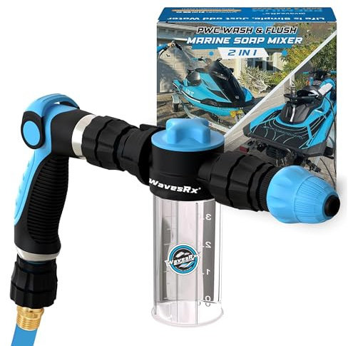 WAVESRX PWC Foam Cannon Sprayer & Engine Flush Mixer to Wash Salt Away | Dual-Use Soap Foamer and Marine Motor Flushing Kit for Jet Ski | Personal Watercraft Cleaning with Garden Hose Quick Connect