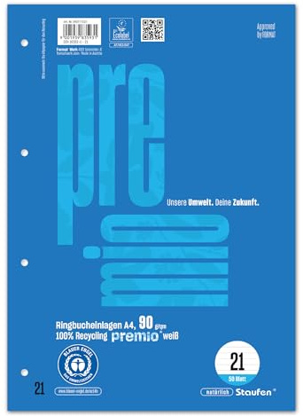 Staufen Premio Inserti per raccoglitori ad anelli - 5 blocchetti da 50 fogli ciascuno, DIN A4, formato 21 (rigatura 9 mm), 4 fori, carta riciclata 90 g/m²