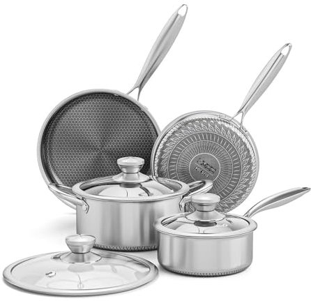 HJZSZX Juego de ollas y sartenes martilladas de acero inoxidable con tapa de vidrio, juego de utensilios de cocina de 6 piezas, juego de ollas y sartenes para cocina de inducción, panal de abeja, 7