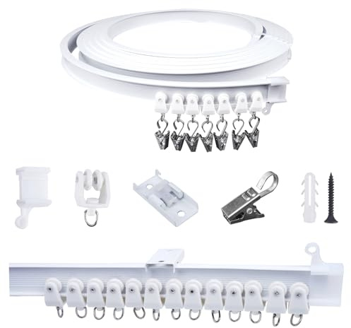 FOGAWA 5m Vorhangschiene mit 40 Vorhangklammern, Deckenvorhangschiene, Flexible Gardinenschiene, Gebogen, Deckenschiene für Duschvorhangstange, Raumteiler, Vorhangschienensystem Deckenmontage, Weiß