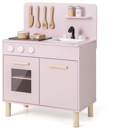 GOPLUS Kinderküche, Spielküche mit beleuchtetem Herd, Kochgeräuschen, Ofen, Spüle, Kochkleidung, Wasserhahn & Küchenzubehör, Holzküche mit Licht und Sound für Kinder ab 3 Jahren (Rosa)