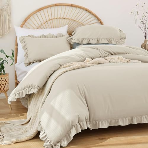 Covebett Housse de Couette 240x260 cm Beige avec Volant Romantique Parure de lit Unie 3 Pièces à Volants 2 Personnes en Microfibre Linge de lit avec Fermeture Éclair et 2 Taies d'oreiller 65x65cm