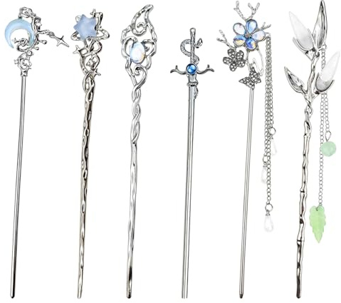 6PCS Star Moon Hair Sticks for Buns Long Hair Chinese Hanfu Asian Vintage Hair Chopsticks Metal Silver Hair Bun Updo Holders Long Hairpins for Women Girls