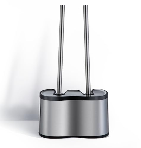 Home Zone Living Toilet Brush and Plunger Set with Stainless Steel Dual Base and Corner Brush, 2-in-1 Bathroom Cleaning Tool