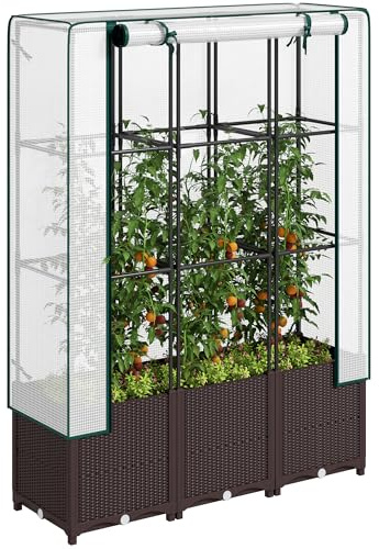 Outsunny Raised Garden Bed with Trellis, Raised Planter, 120 x 40 x 140 cm | PE Cover, Plastic Planter Box, Drainage Holes, Drain Plugs, Water Reservoirs, Climbing Plants, Vegetables, Flowers