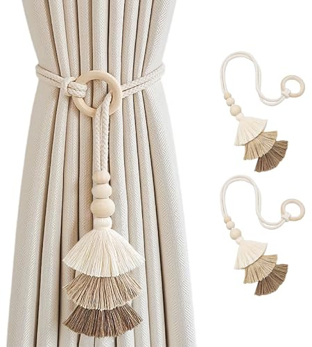 SRG Rope Curtain Tiebacks with Tassel Boho 2 PCS Handmade Wooden Ring Curtain Tie Backs Accessories Wall Decoration Drapery Curtain Holdbacks for Bedroom Window