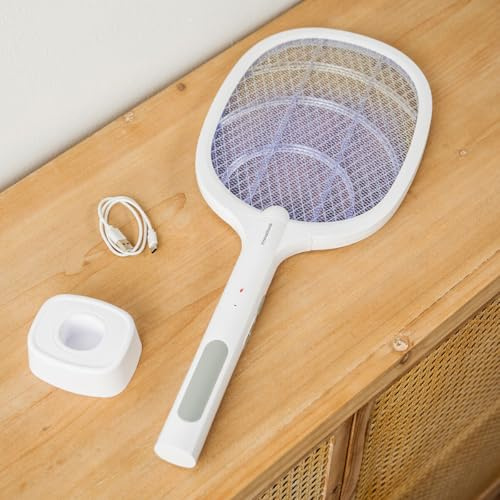 InnovaGoods® Raqueta Matainsectos Recargable 2en1, Luz LED UV, Mata Mosquitos electrico 3000 V, Modo Manual y Lámpara, Protección Antidescargas, Base de Carga, USB-C, Raqueta electrica Sin Químicos