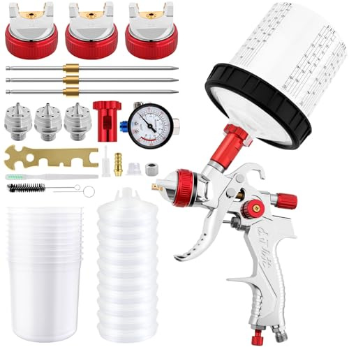 HVLP Pistola de Pintura Profesional con 3 Boquillas (1,4 mm, 1,7 mm, 2,0 mm), con 10 Piezas, 600ML Vasos Desechables y Manómetro(Rojo)