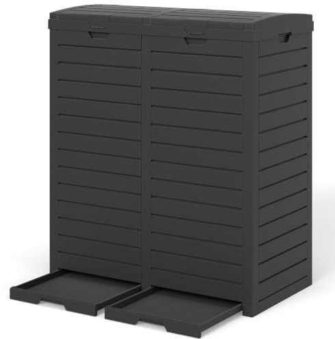 GIANTEX Cubo de Basura Exterior 235 L, Papelera de Reciclaje Grande con 2 Compartimentos y 2 Bandejas Inferiores Extraíbles, 77x40x86cm, Contenedor para Jardín, Balcón, Terraza (Negro) | Cubo de basura clasificado selectivo 2 contenedores, bandeja de goteo extraíble extraíble tapa fija-bolsa, asas laterales