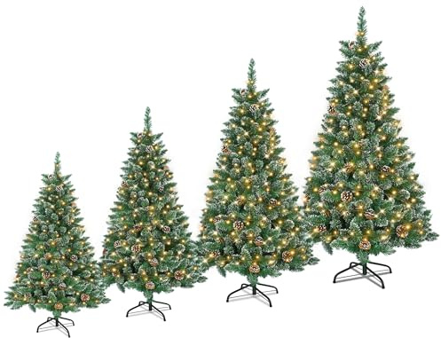 LILIIN 180CM Weihnachtsbaum Künstlich, Tannenbaum mit Beleuchtung, Kunstbaum Weiß&Grün mit Schnee-Effekt+Kiefernzapfen, PVC Christbaum inkl. Ständer(1.8M, Mit Beleuchtung)