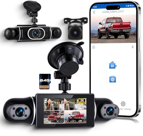 Rimoody Dash CAM 2K 4 Cámaras, WiFi App Viidure, Coche Grabadora 360° con Visión Nocturna, G-Sensor, Asistente de Marcha Atrás, Pantalla 3 Pulgadas para Coche 64 GB Tarjeta