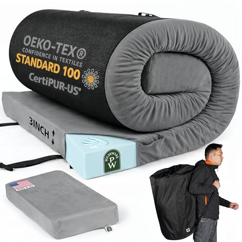 PULSEWARE 100% Pure Roll Up Memory Foam Camping Mattress with Waterproof Cover & Phone Pocket – Portable 3inch CertiPUR-US Sleeping Pad with Travel Bag for Camping, Car, Tent, SUV, Pets, Guest Bed