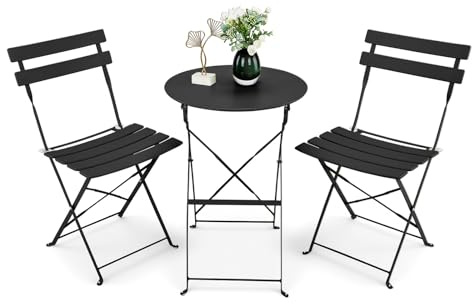 LEADZM Gartenmöbel Bistro Set Metall, Bistroset 3 teilig Klappbar - Bistrotisch mit 2 Klappstühlen, Balkonmöbel Klappbar für Balkon und Garten, Schwarz