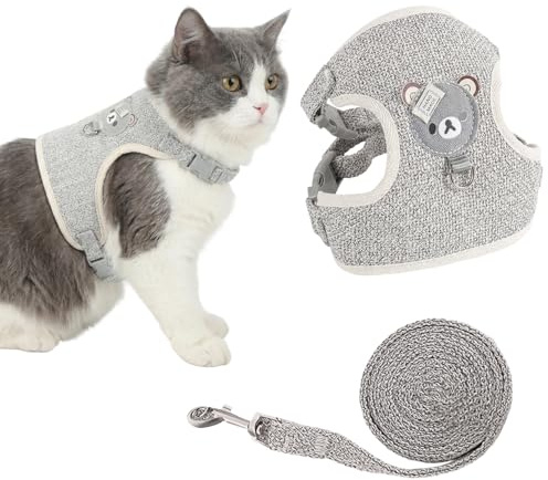 MOTIBACK Katzengeschirr mit Leine - Ausbruchsicheres Softgeschirr für Katzen | Verstellbare Katzenweste in Grau mit Bären-Design | Cat Harness Set für Sicherheit & Komfort (M)