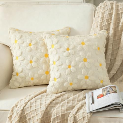 MEILIHEN Gänseblümchen Muster Kunstfell Jacquard Kissenbezüge Set, Plüsch Samt Sofa Dekokissen Bezug mit Sonnenblumen und Gänseblümchen Design, 45 x 45 cm, 2er Set (Gelb