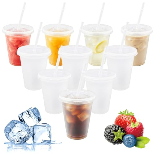 10 Stück Plastikbecher Mehrweg Kunststoffbecher Wiederverwendbare 16oz Plastikbecher mit Deckel und Strohhalmen Farbwechsel Becher Trinkbecher Partybecher Tasse Cup Travel Mug Party Tassen für Eiskaff
