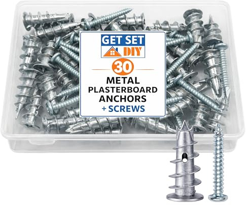 Plasterboard Fixings 60 Pcs - 30 Wall Plugs + 30 Screws 32mm, Heavy Duty | Holds shelves, TV brackets, curtain rails & mirrors securely in the wall - strong self-drive metal anchors, easy to fit