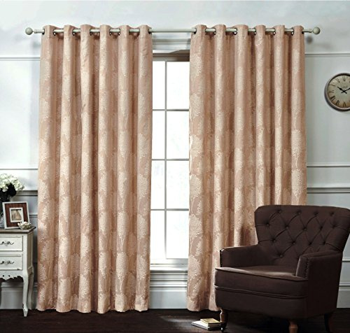 Jasmin Elinor FLORAL JACQUARD RING TOP FULLY LINED READYMADE PAIR OF EYELET CURTAINS WITH TIE BACKS (90x90, Caramel)