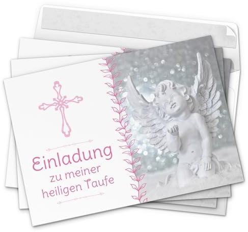 10 x Einladung zur Taufe/Einladungskarten mit Umschlag im Set/Motiv: Kreuz mit Engel Rosa/Baby Taufkarte/Grußkarte/Postkarte /