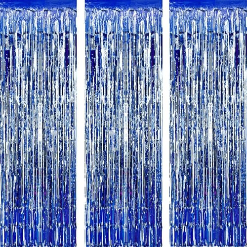 AILEXI 3 Stück Vorhänge, metallisch, glänzend, Blätter, Fransen, Vorhang für Tür, Fenster, Dekoration, für Geburtstag, Hochzeitszubehör, 92 x 245 cm – Dunkelblau