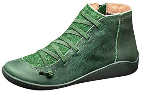 Yowablo Damen Kurzschaft Stiefel Lässige Flache Retro-Schnürstiefel aus Leder mit seitlichem Reißverschluss und runder Schuhspitze (36 EU,4- Grün)