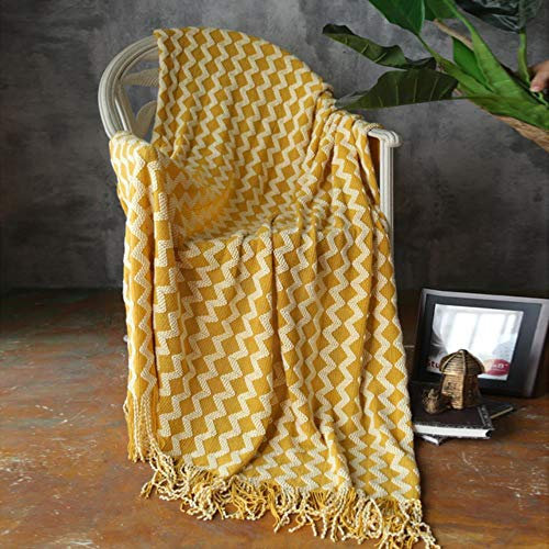 BBZ Sommer gestrickte Decke künstliche Kaschmir Decke für Sofa klimatisierte Zimmer Zwei Seiten Quasten, C gelb
