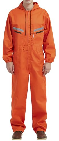 Yukirtiq Herr arbetskläder huva panndräkt overall med flera fickor, slitstark polycotton overallbyxor mekanik panndräkt med reflekterande tejp, Orange, XL