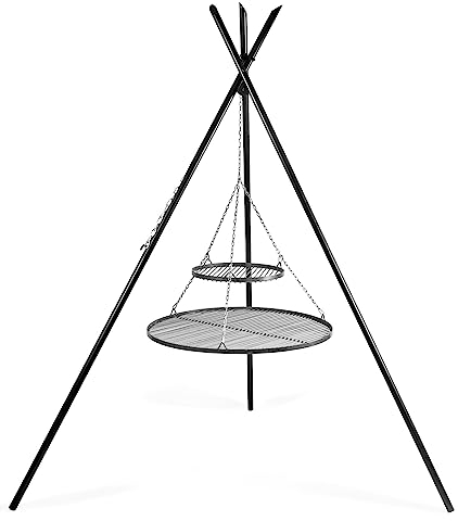 KORONO ® Barbecue pivotant (trois pieds), revêtu par pulvérisation, 220 cm de haut avec deux grilles (2 grilles (acier brut) : 80 cm Ø / 40 cm Ø / 5 mm