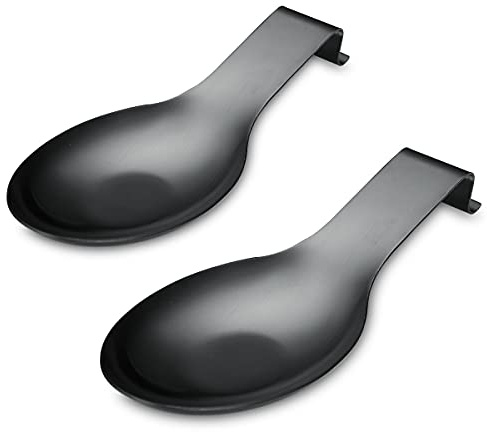 Mattschwarze Löffelablage, Edelstahl Löffelhalter für Herdplatte, Küchenutensilien Halter für Schöpfkellen, Zangen, Spatel, Herd Löffelhalter, Topfdeckelhalter, Spülmaschinenfest (2PC-9,5 Zoll)