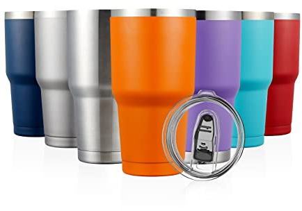 COMOOO 3,5 dl tumlare rostfritt stål isolerad glas med lock dubbelvägg vakuum kaffekopp stor resemugg för varma och kalla drycker, hem, kontor, skola, fest (orange, 1-pack)