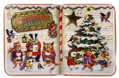 MediMuc Buchdose Xmas Melody kleine Aufbewahrungsdose, Keksdose, Blechdose - lebensmittelecht Vol. 0,67l Maße: 14,5 x 9,3 x 5,0 cm