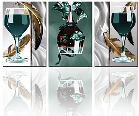 Tucocoo Large Pictures for Dining Room Goblet Still Life Green Paintings 3 Panel Canvas Red Wine Glass Wall Art Modern Artwork Home Decor for Kitchen Wooden Framed Ready to Hang-Large 20x28inchx3Pcs