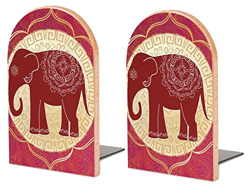 Packung Mit 2 Buchstützen Indischer Elefant Mit Mandalas Rutschfester Bücherständer Aus Holz Bücherregal Bücherhalter Für Home Desk Office Library
