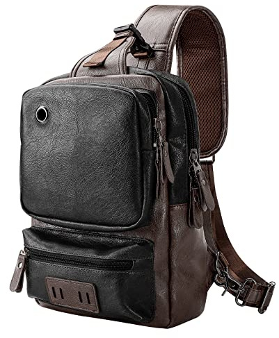 AONEGOLD Bolso Pecho Hombre Pequeña Piel Vintage Mochila de Cuero PU Bandoleras Cruzada Sling Bag Crossbody Puerto de Carga USB Bolsos Cruzados Negro