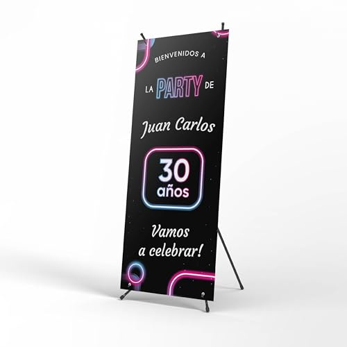 PRINT STAMP LOVE Photocall Cumpleaños Personalizado Diseño de Neon - X Banner 70x180cm con Estructura y Lona con Nombre y Edad - Fotocall decoración Celebración Fiesta y Aniversario