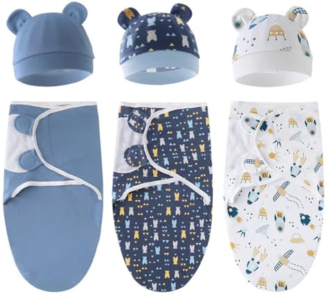 ISAKEN Newborn Swaddle Decke Hut Set Wickeldecken Baby Pucktuch Baby Pucksack Pucktücher Wickeldecke Puckschlafsack Pucktuch Warm Hut für 0-6 Monate Neugeborene Mädchen Jungen