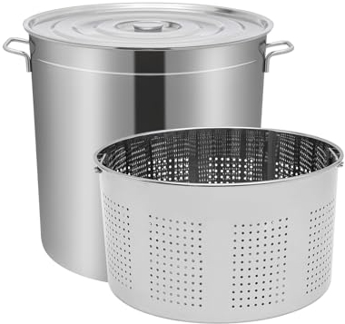 Olla para sopa de acero inoxidable con cesta, 52.8qt de acero inoxidable con tapa y cesta, olla robusta para freír, pavo, cerveza, mariscos