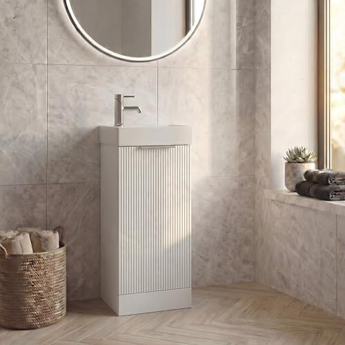 BAYSTONE® Fluted 400mm Bathroom Vanity Unit Ceramic Wash Sink, Cloakroom Storage Furniture Under Basin Cabinet Floorstanding Cupboard, Matt White