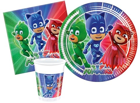 Ciao - Partygeschirr Party-Set PJ Masks Pyjamahelden für 24 Personen (88 pcs: 24 Pappteller Ø23cm, 24 Becher 200ml, 40 Servietten 33x33cm), Blau, Grün, Rot