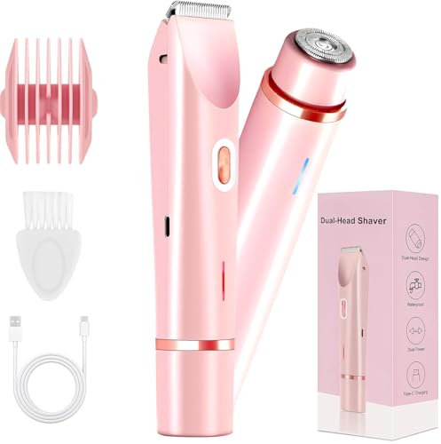 Intimrasierer für Frauen, 2-in-1 Dual Head Elektrischer Rasierer Damen Intimbereich Pro, IPX7 Wasserdicht Kabelloser Wet & Dry Bikini Trimmer für Gesicht, Beine, Arme und Achselbein