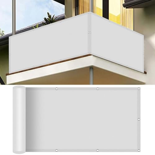 Pantalla para Balcón Impermeable 115 x 140 cm Protección de Privacidad Opaca Revestimiento de Balcón Valla Jardin con Ojales Cuerda para Balcón Jardín Terraza Patio Porche, Blanco