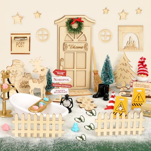 Gaeymy Wichteltür Set,2026 Wichtel Zubehör Weihnachten Adventskalender mit Baustelle,Wichtelhaus Weihnachtswichtel Komplett,Miniatur Schablone Briefkasten,Stiefel,Fußabdrücke,Strickleiter,Badewanne