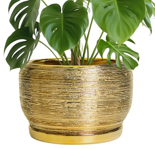 SQOWL Ceramic Planter for Indoor Plants - 10 Inch Plant Pot with Drainage Hole and Saucer, Modern Round Planter Outdoor, Large Decorative Flower Pot, Apartment Decor, Birthday Gifts, Gold