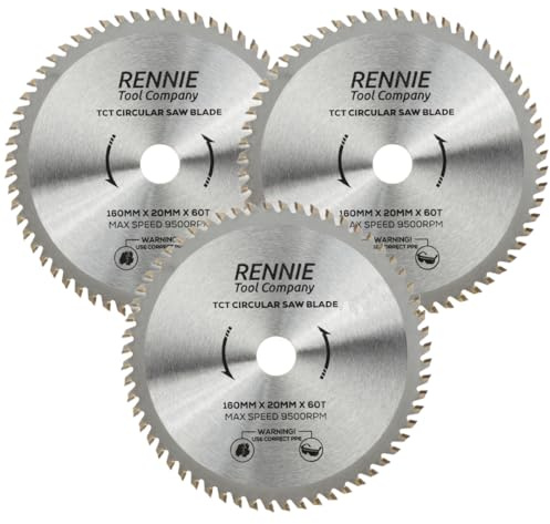 Rennie Tool 160mm x 20mm Bore x 60T TCT Circular Saw Blades (3 Pack) | Fits Festool TS55 Makita Dewalt Circular Saws Etc, 160mm Circular Wood Saw Blades + 16mm Reduction Rings Also Fits 165mm Saws