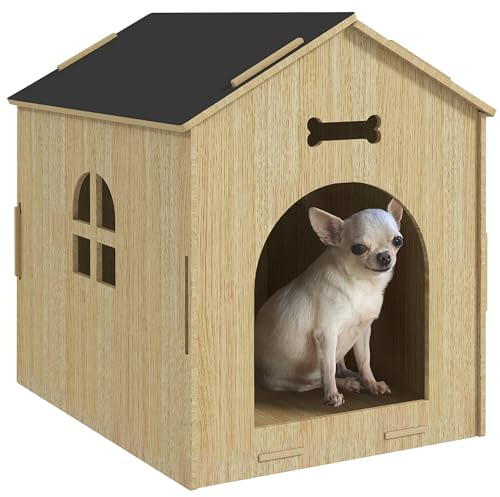 PawHut Innenhundehütte, Innenhundehaus aus Holz, mit hohlen Knochenmotiven, Fenster, einfacher Zusammenbau, für Miniaturhunde, Katzen, 44 x 57 x 58 cm, Eiche