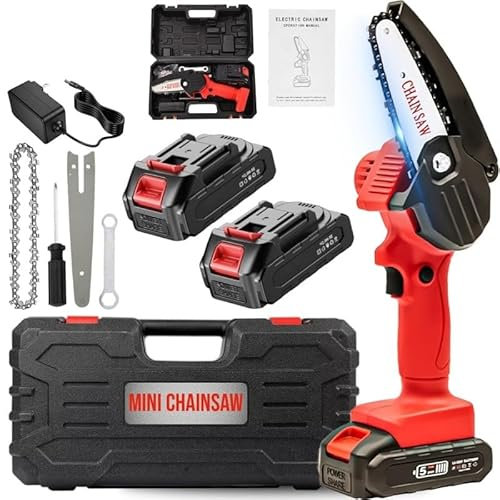 Mini motosega, motosega elettrica portatile senza fili, motosega elettrica portatile portatile con una mano, per rami di alberi, cortile, casa e giardino (rosso)(2 batteries)