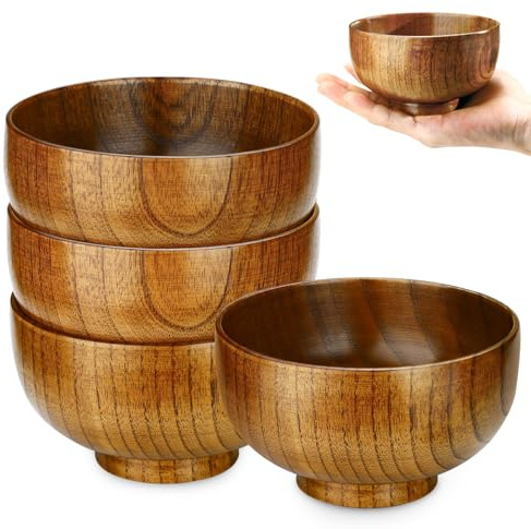 Roucerlin 12 cm små frukostskålar i trä, glassskålar i trä, handgjorda kök desserttallrikar, dekorativ serveringssoppskål för frukt, sallad, mat, smaktillsatsmutter, godisdipp (4-pack)